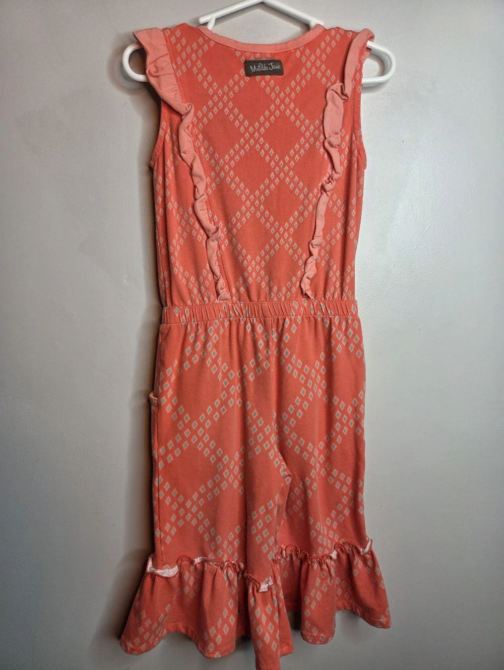 Matilda Jane Girls Coral Ruffle Romper Jumpsuit Size 4 Diamond Print Pockets